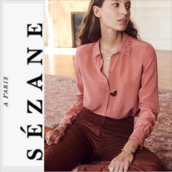 Sezane Tops - Sezane Roxane 100% Silk Blouse Lace Cuffs Collar rosewood  Size 36